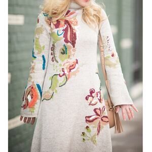Anthropologie Knitted & Knot Embroidered Petals Turtleneck Swing Sweater Dress